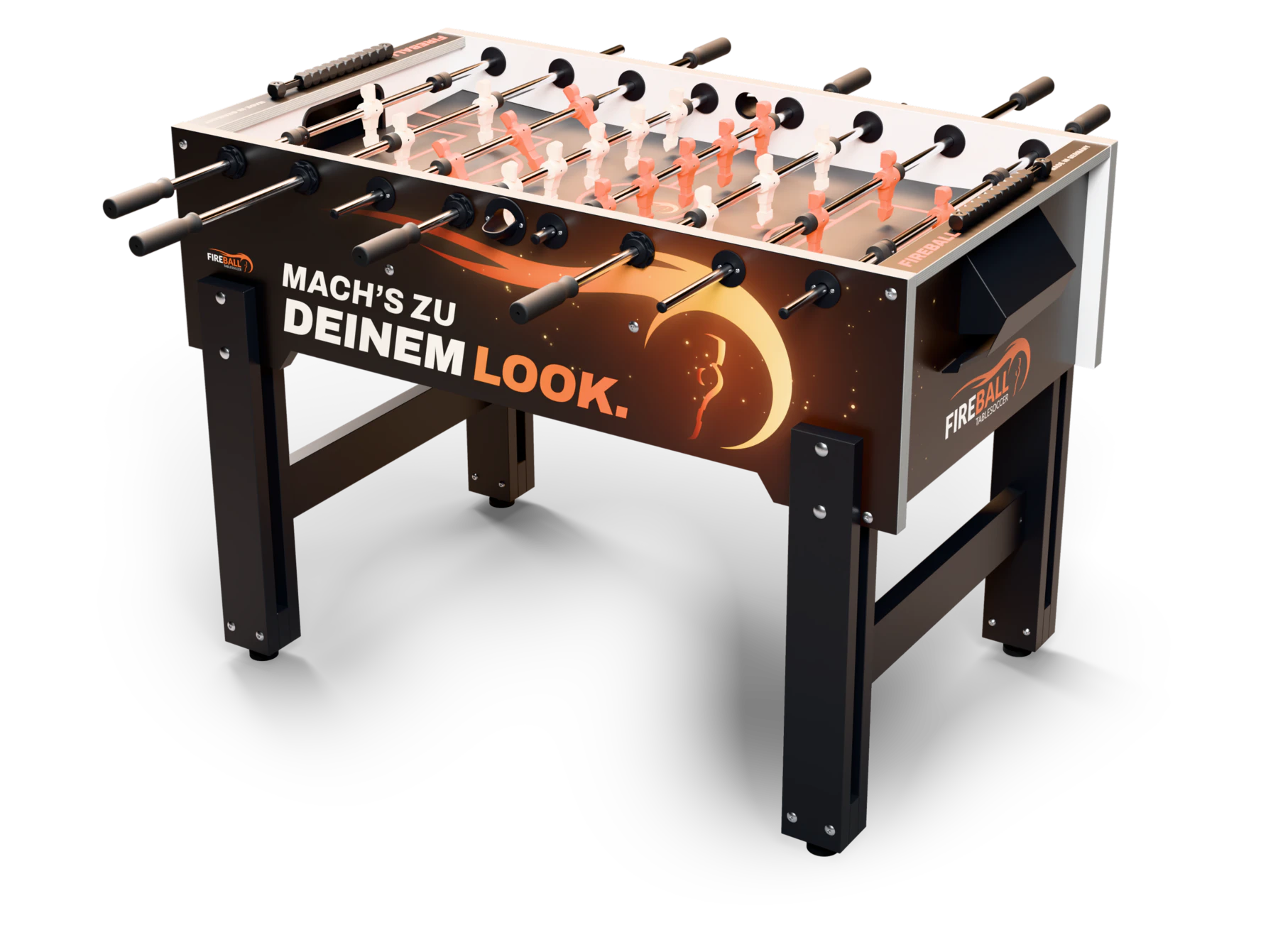 Gestaltungsbeispiel eines Fireball Sport mit schwarz-orangen Tischflächen und zwei Figurenteams