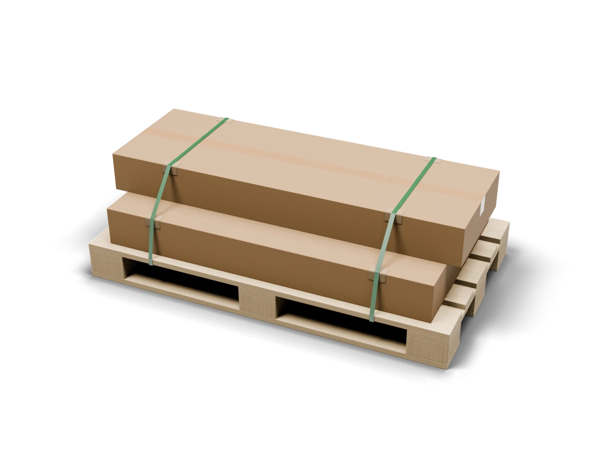 Zwei Versandkartons mit Umreifungsbändern auf einer Holzpalette